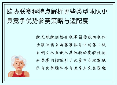 欧协联赛程特点解析哪些类型球队更具竞争优势参赛策略与适配度